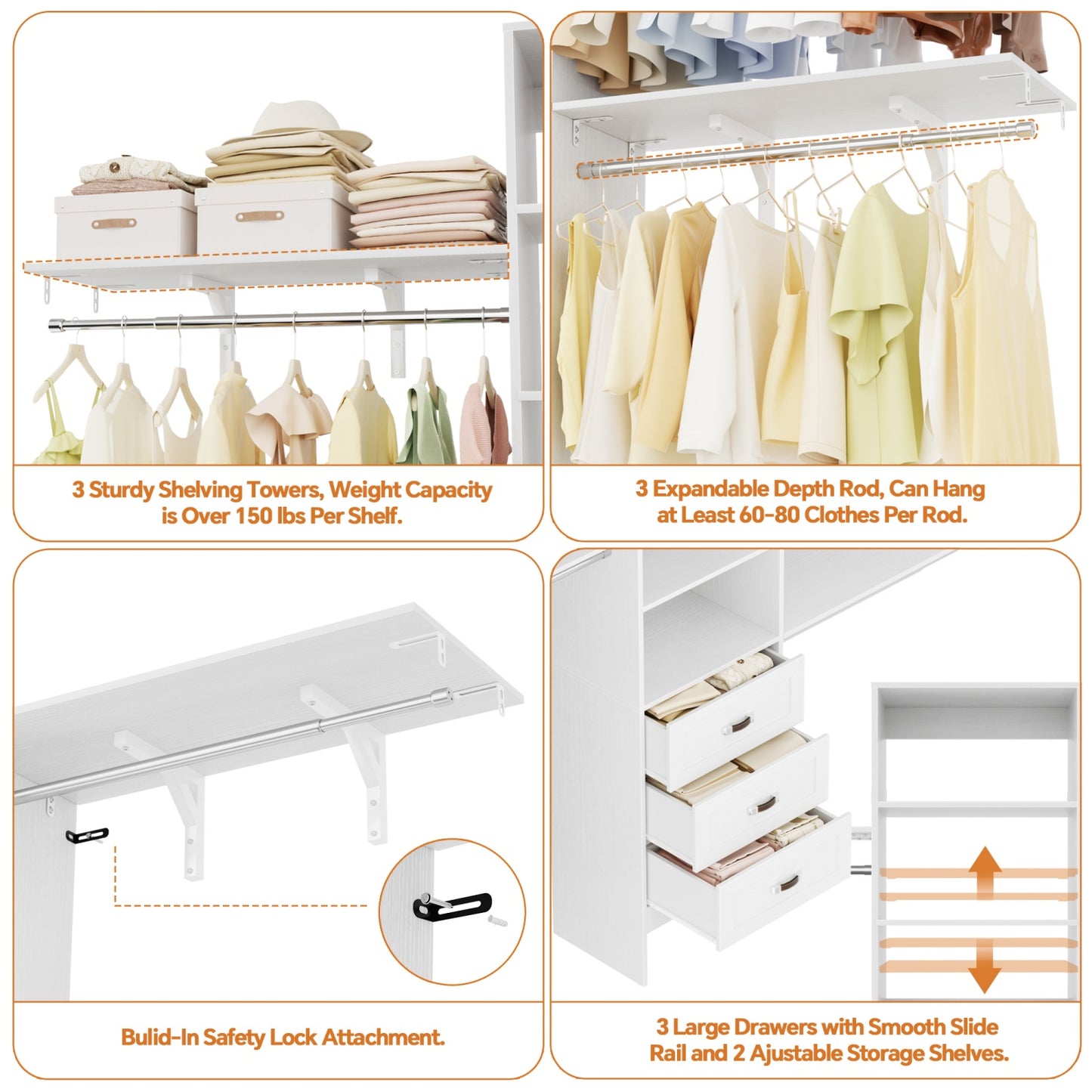 Closet Organizer System with Hanging Rods and Shelves, Wardrobe System with Drawers