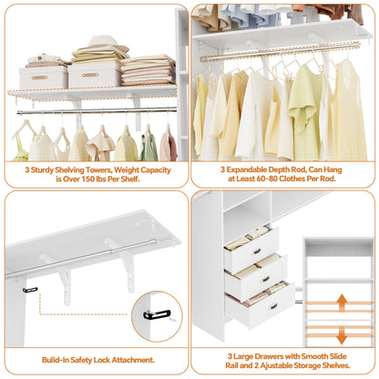 Closet Organizer System with Hanging Rods and Shelves, Wardrobe System with Drawers