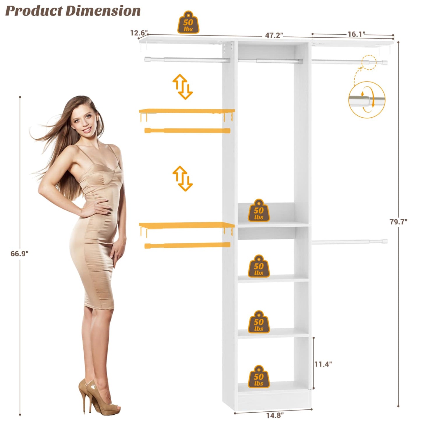 47'' W Closet System with Hanging Rods and Shelves, Closet Organizer for Bedroom