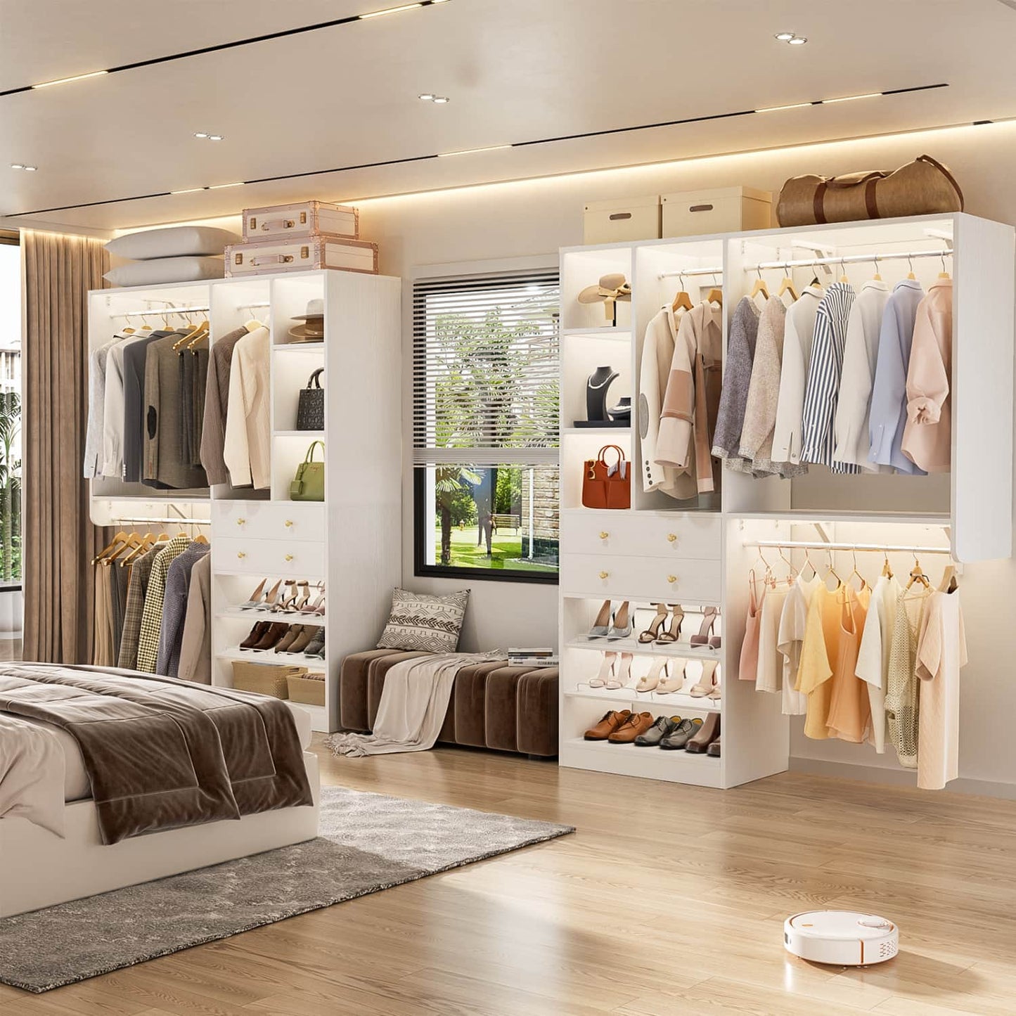 Closet System with Wooden Drawers and Two Hanging Rods