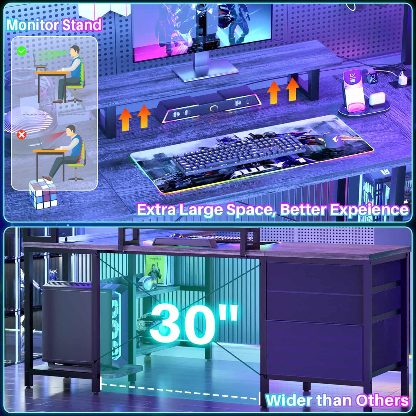 L Shaped Computer Desk with Hutch, Power Outlets, LED Lights & Storage Drawers