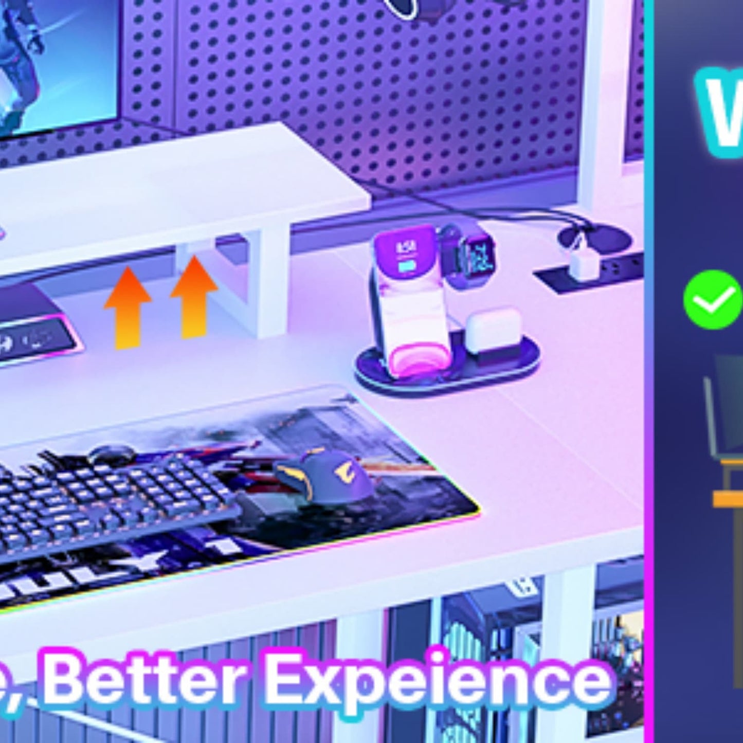 L Shaped Computer Desk with Hutch, Power Outlets, LED Lights & Storage Drawers