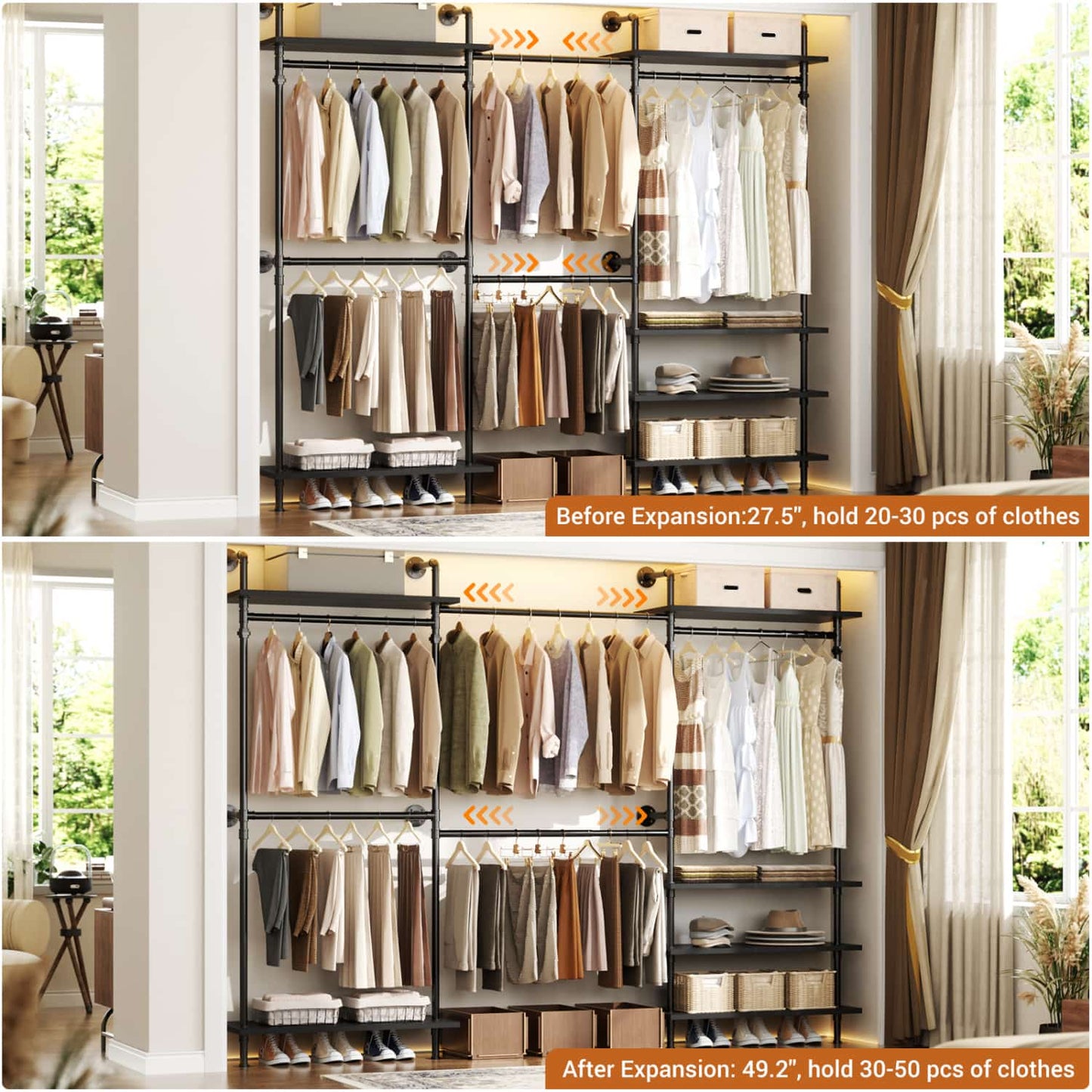 Garment Rack with Wood Shelves, Closet system Storage Rack