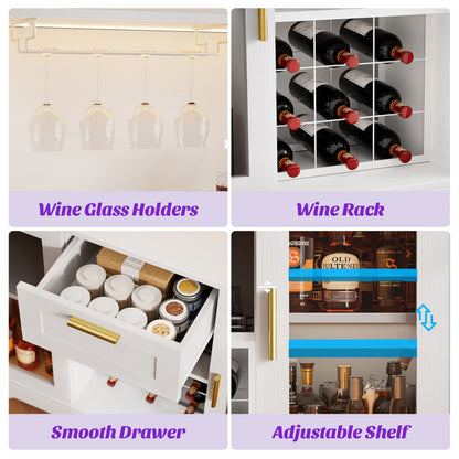 Kitchen Wine Bar Cabinet with Wine Rack and Door, Coffee Bar Buffet Table with Storage Drawer
