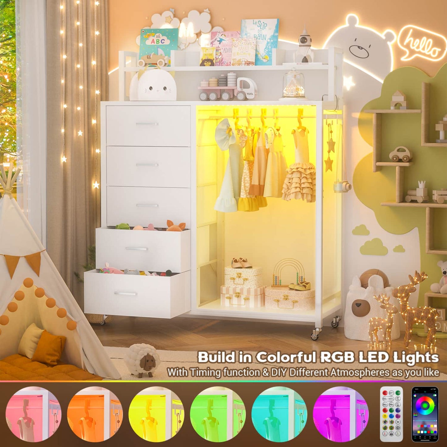 Dresser for Bedroom with Clothes Rack & Shelves, 5 Drawers Dresser with Charging Station