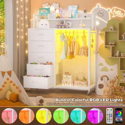 Dresser for Bedroom with Clothes Rack & Shelves, 5 Drawers Dresser with Charging Station