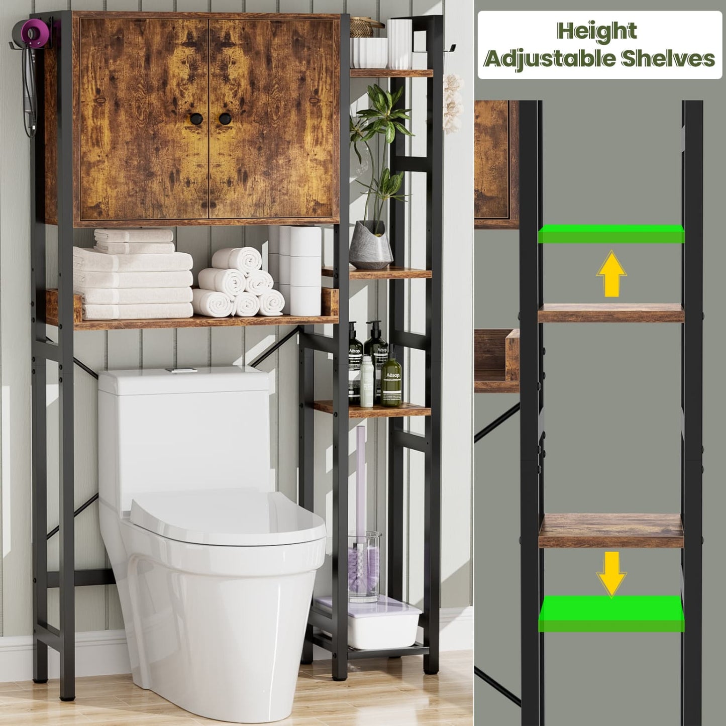 7-Tier Bathroom Organizer with Adjustable Shelf, Over The Toilet Storage Rack with 4 Hooks and Drawers