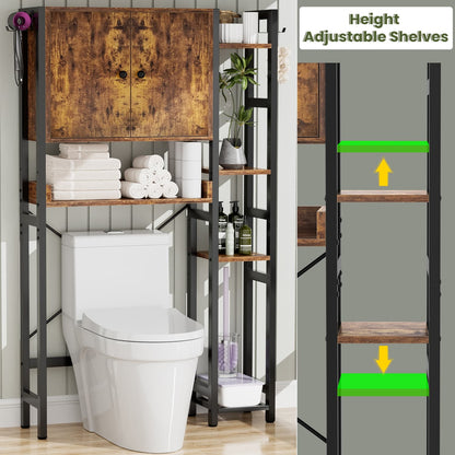 7-Tier Bathroom Organizer with Adjustable Shelf, Over The Toilet Storage Rack with 4 Hooks and Drawers