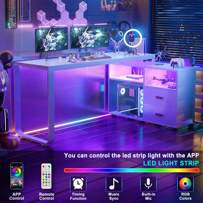 62" L Shaped Computer Desk with File Drawer, LED Lights