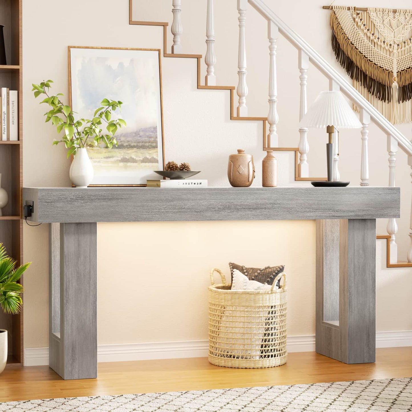 63inch Console Table with Power Outlets, Wood Narrow Entryway Table