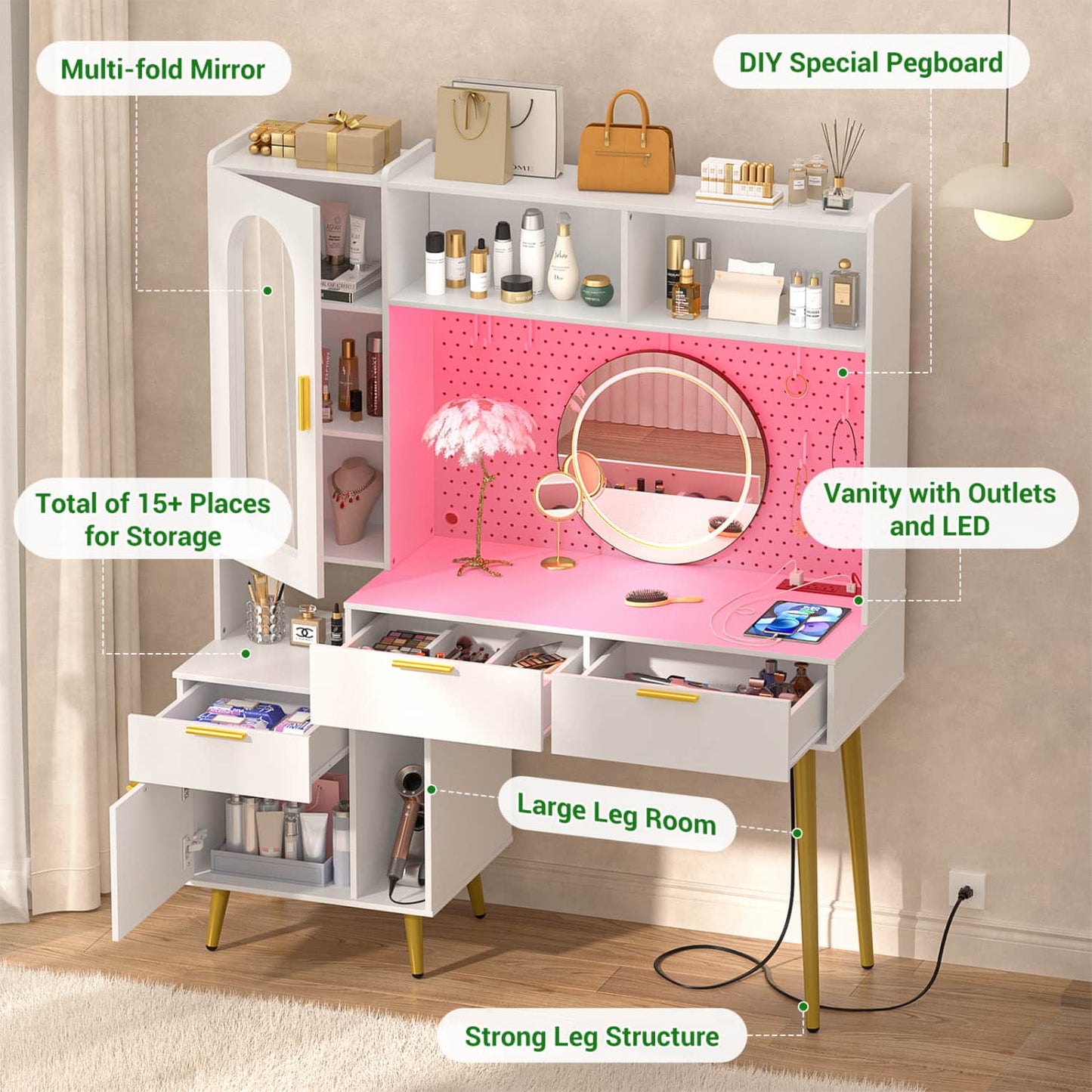 Makeup Vanity with Hutch, LED Lighted Mirror & Charging Station