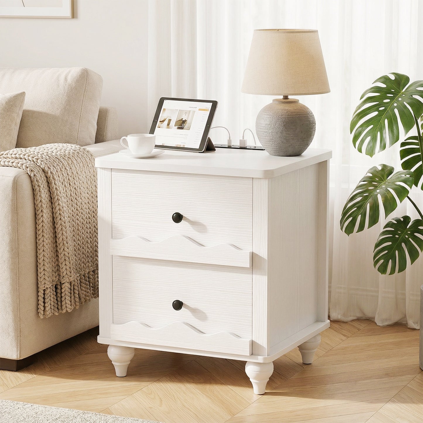 Wooden Nightstand with Charging Station, Storage Dresser with 2 Drawers