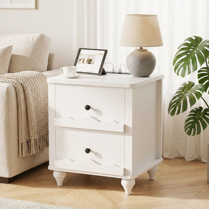 Wooden Nightstand with Charging Station, Storage Dresser with 2 Drawers