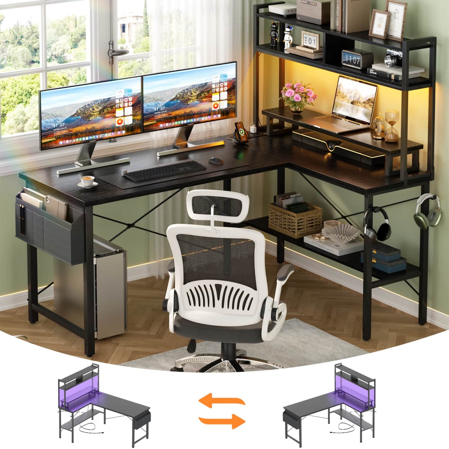 L-Shaped Computer Desk with Monitor and Hutch, Gaming Desk with Charging Station