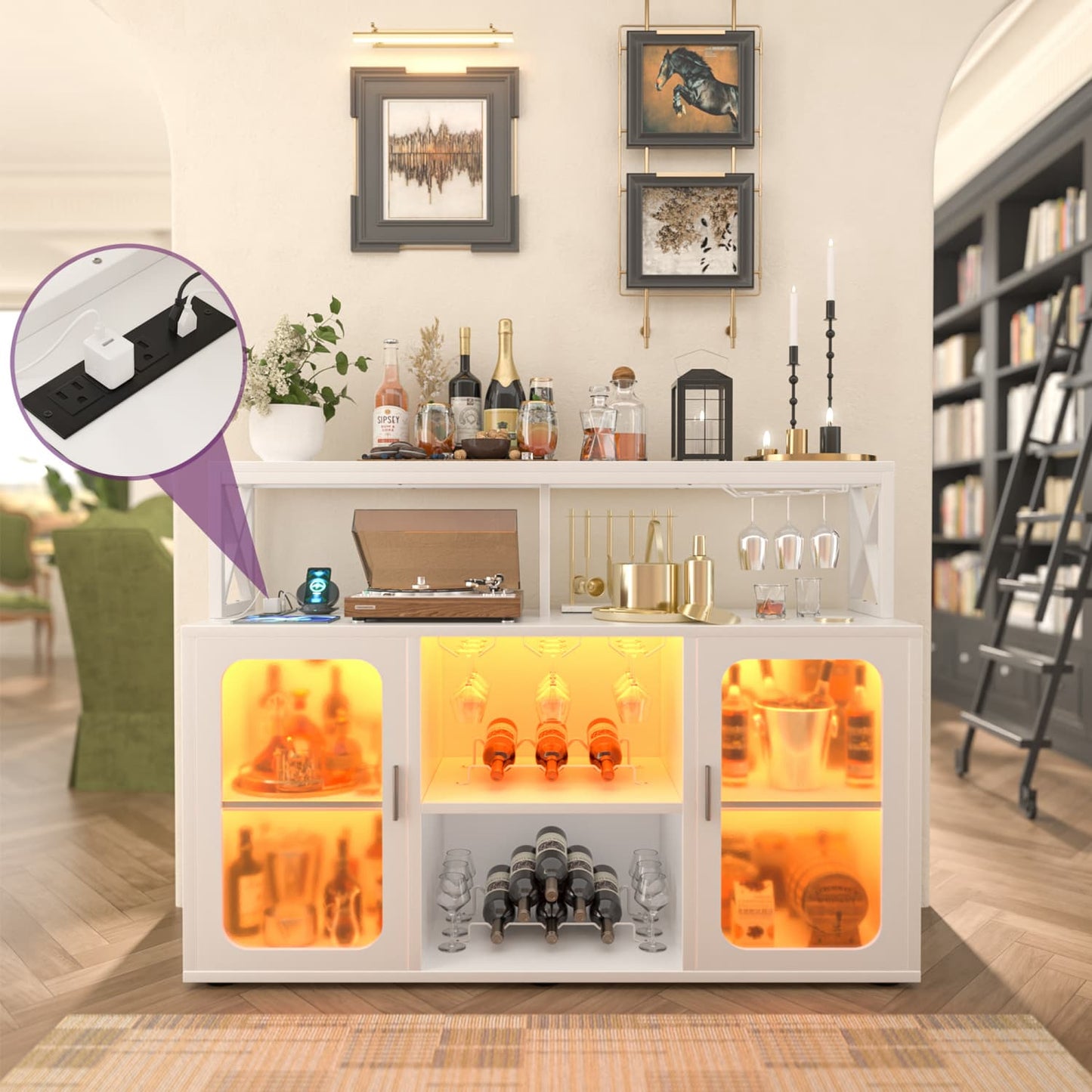 Wine Bar Cabinet with Glass Holders and and Doors, Buffet Wine cabinet with Power Outlet