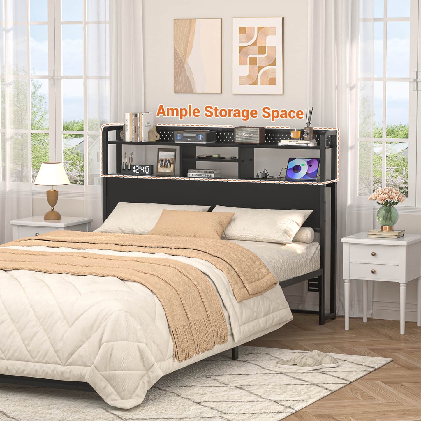 Queen Storage Headboard with Led Lights & Charging Station