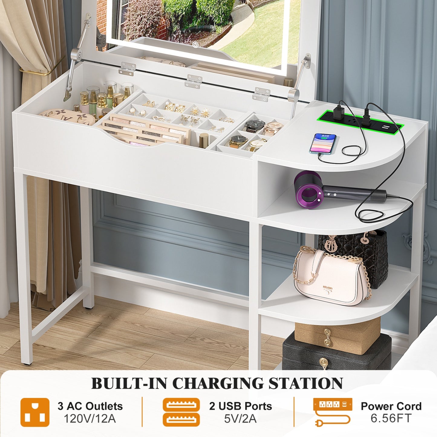 Flip-Top Makeup Dressing Table with mirror and Drawer, Small Vanity Desk with Charging Station