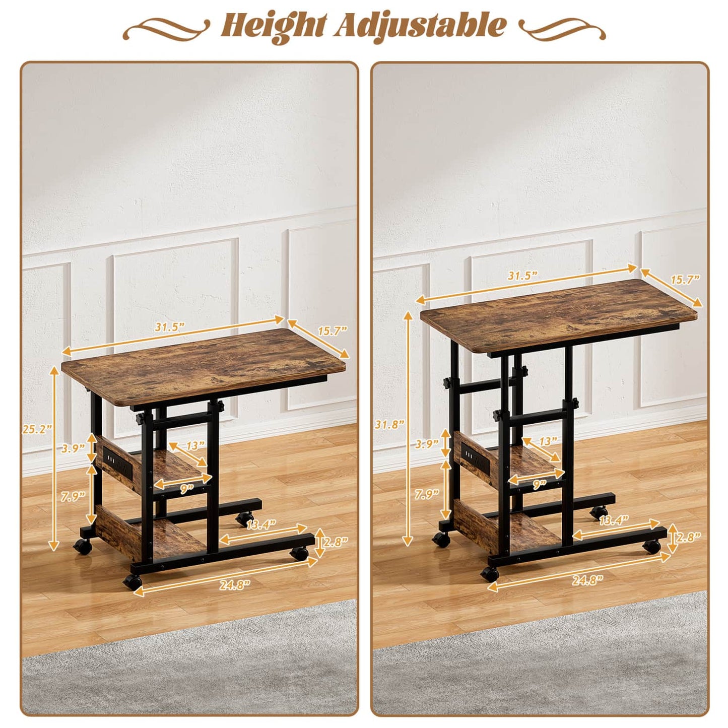 Height Adjustable C Table with USB Port and Wheels