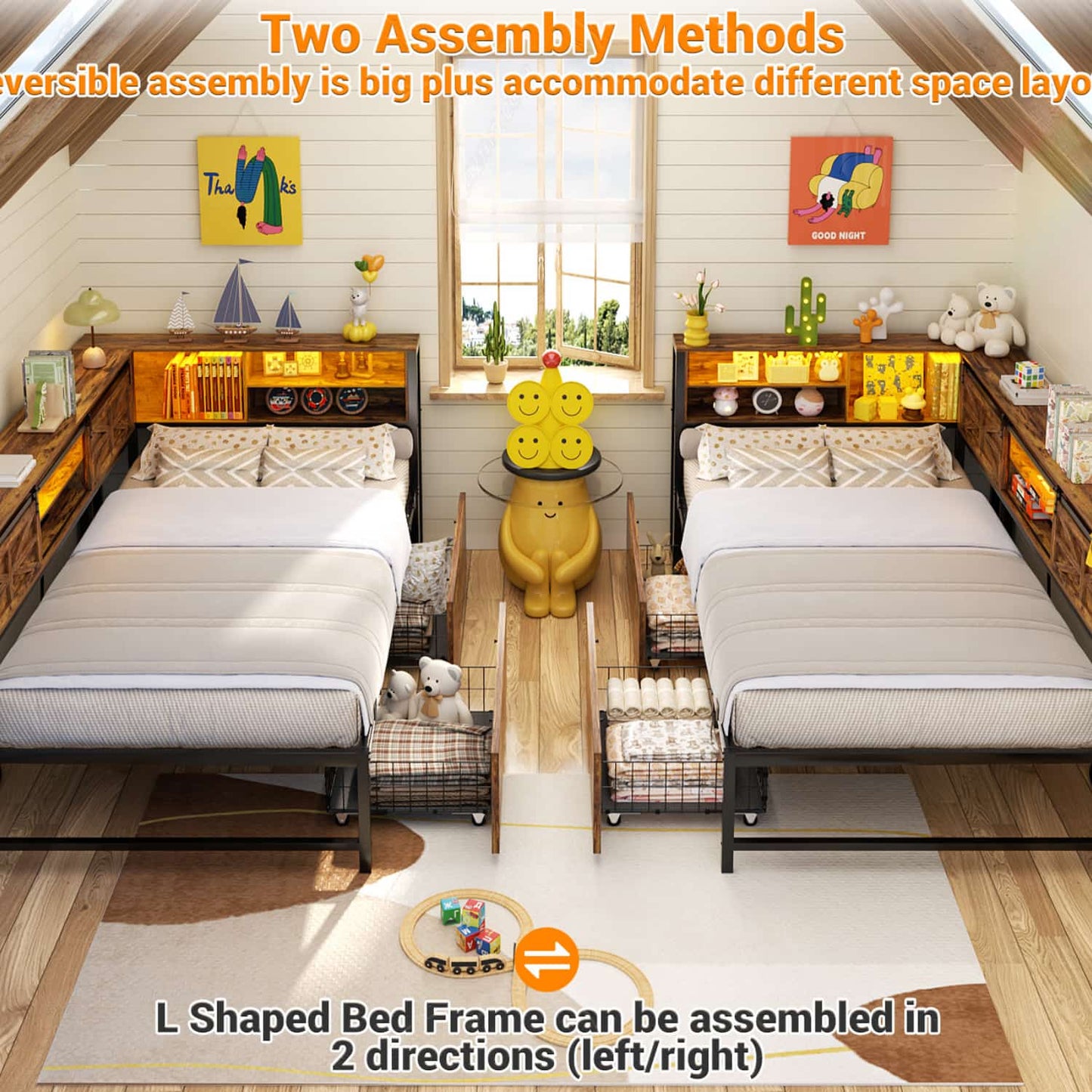 Bookcase Daybed with Wood Drawer, Corner Bed Frame with Sliding Door