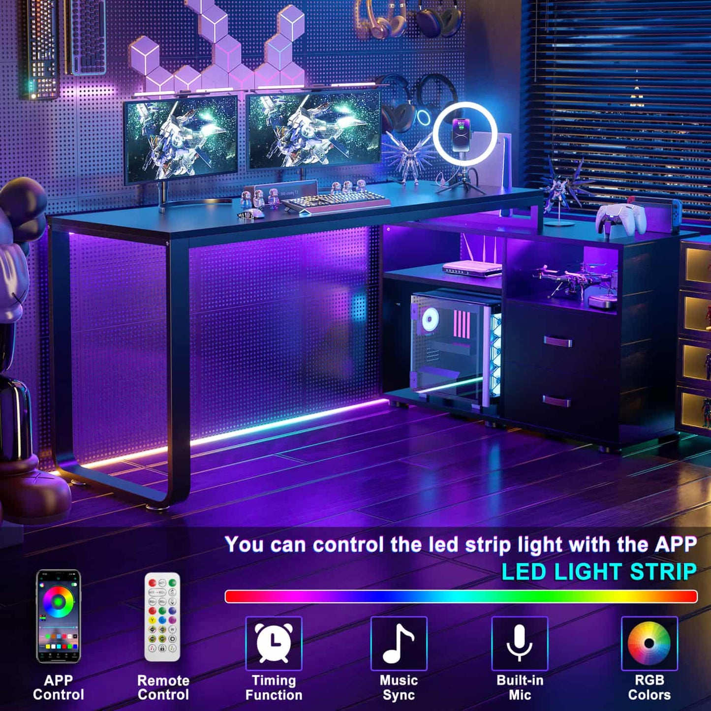 62" L Shaped Computer Desk with File Drawer, LED Lights