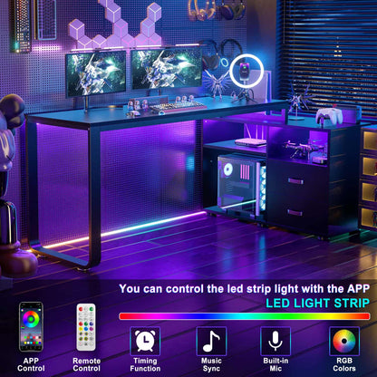 62" L Shaped Computer Desk with File Drawer, LED Lights