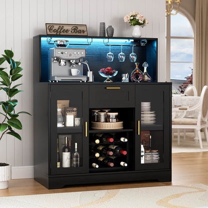 Wine Bar Buffet Table with Storage and Wine Rack, Coffee Bar Cabinet with Drawer