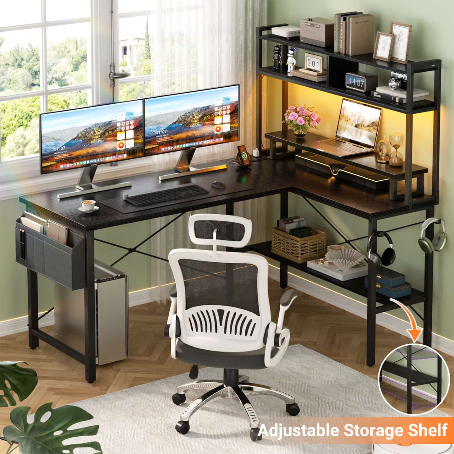 L-Shaped Computer Desk with Monitor and Hutch, Gaming Desk with Charging Station