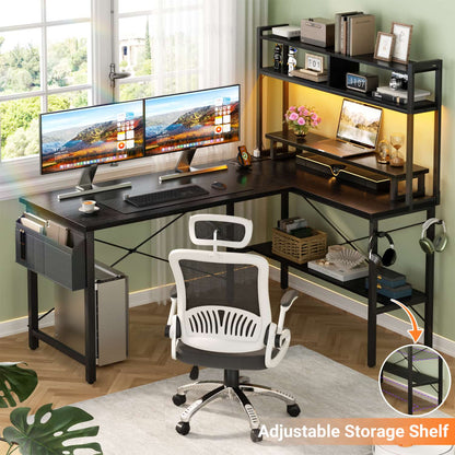 L-Shaped Computer Desk with Monitor and Hutch, Gaming Desk with Charging Station