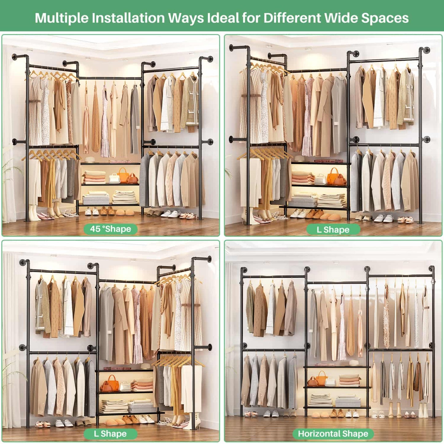 84"-128" Metal Pipe Clothing Rack Wall Mounted , Garment Rack