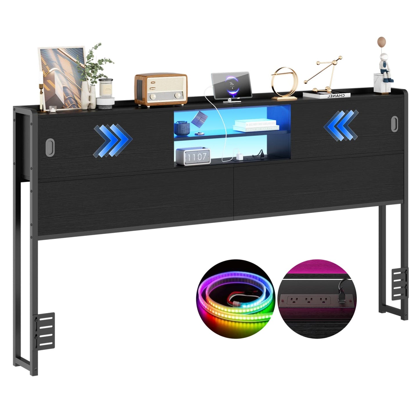 Storage Headboard with Sliding Doors and Charging Station