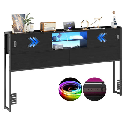 Storage Headboard with Sliding Doors and Charging Station