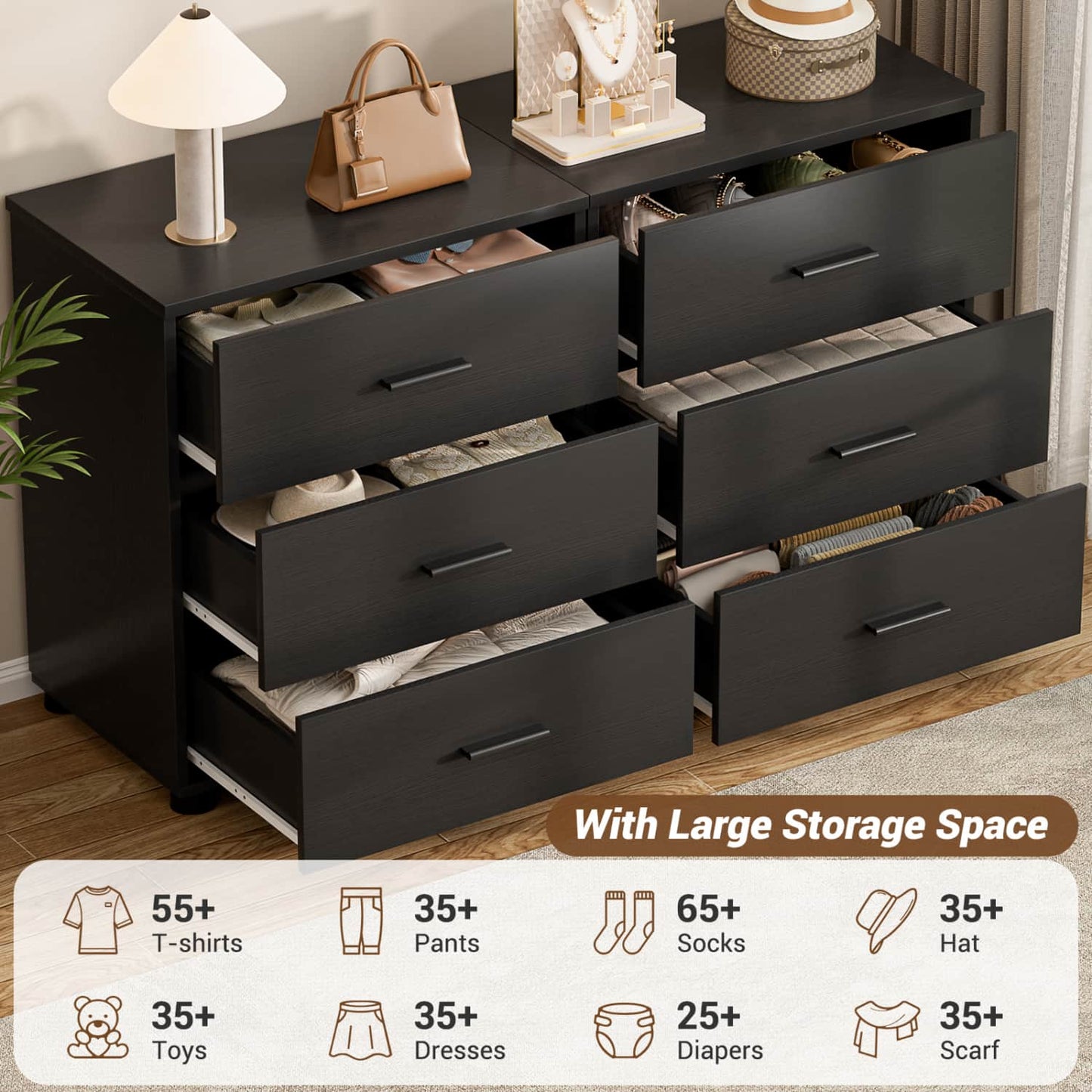 Set of 2 Wooden 6-Drawers Dressers with Storage, Closet Storage Cabinet and Nightstand