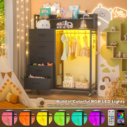 Dresser for Bedroom with Clothes Rack & Shelves, 5 Drawers Dresser with Charging Station