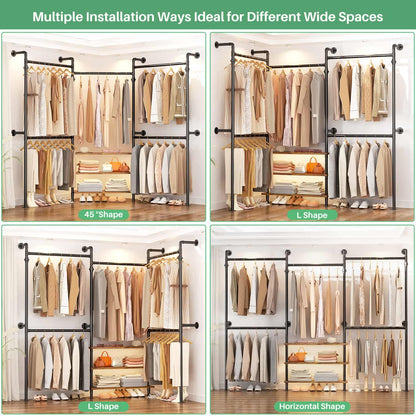 84"-128" Metal Pipe Clothing Rack Wall Mounted , Garment Rack