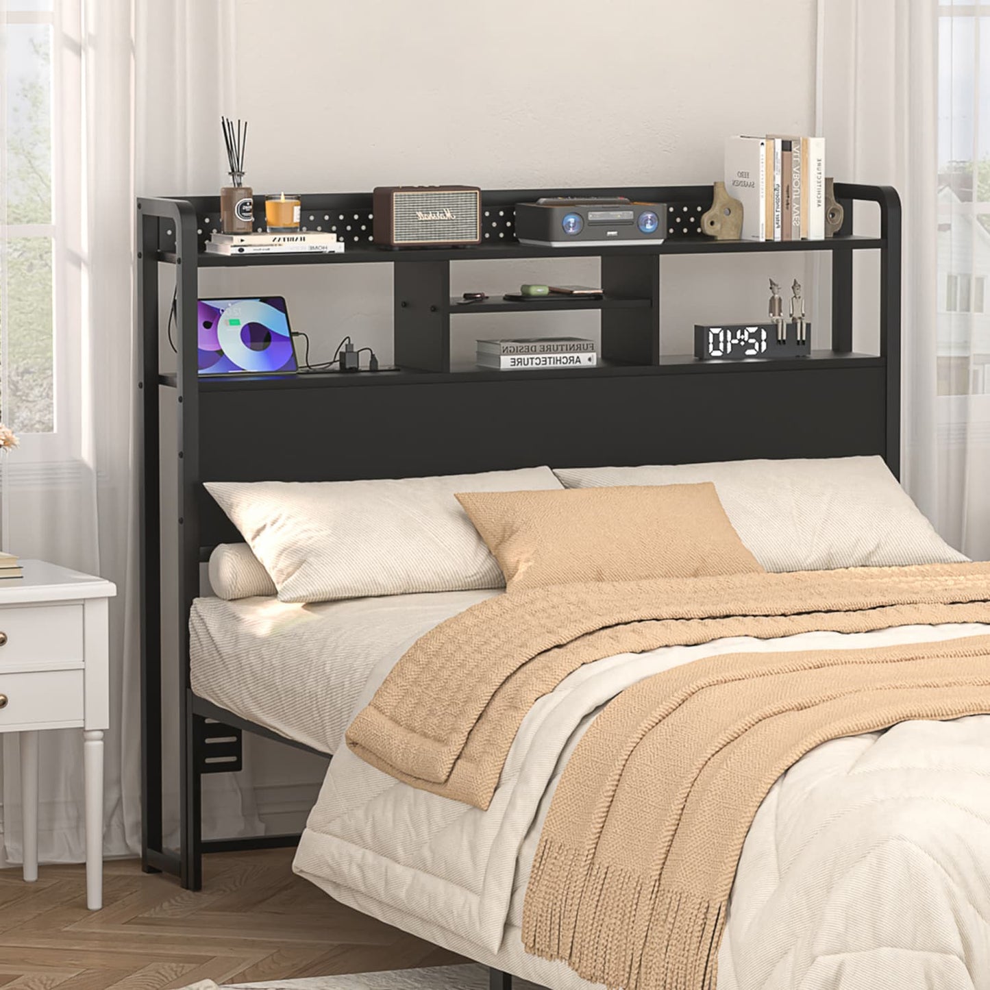 Full Storage Headboard with Led Lights & Charging Station