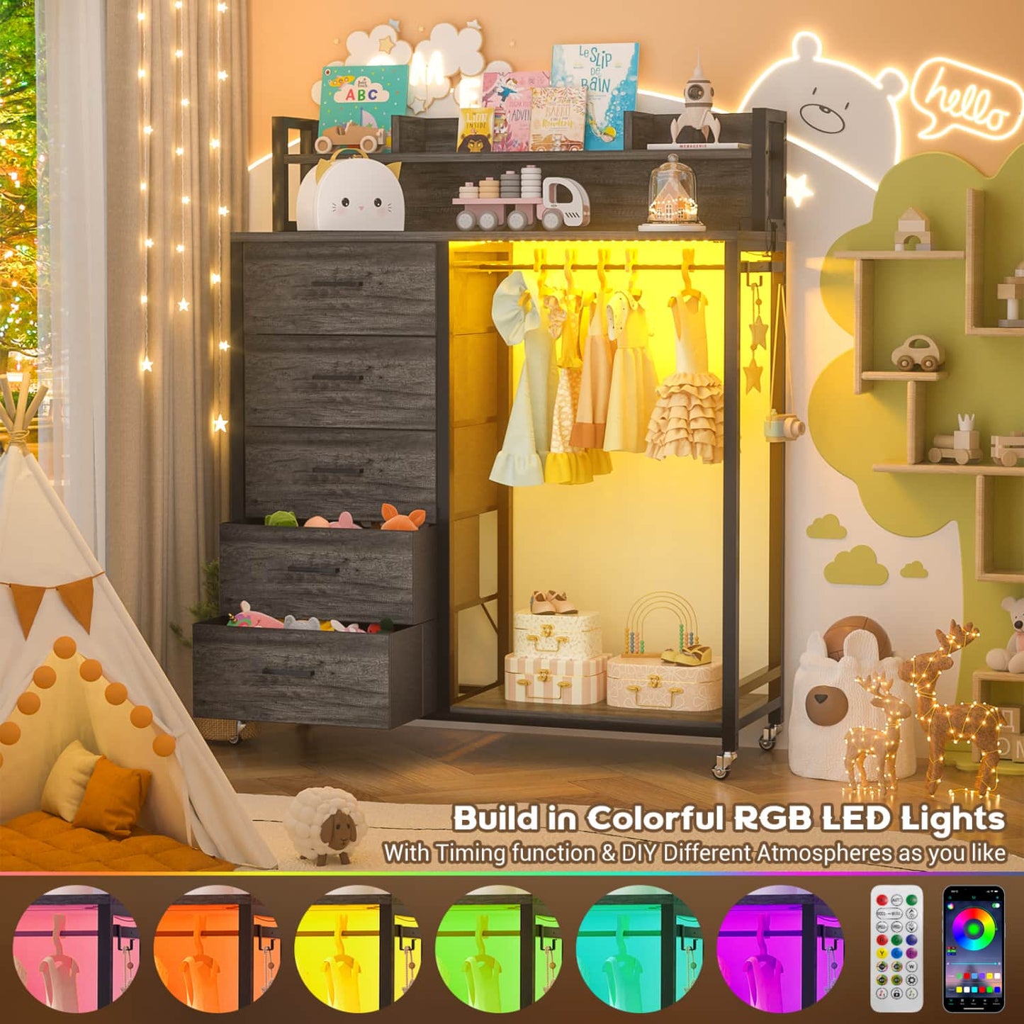 Dresser for Bedroom with Clothes Rack & Shelves, 5 Drawers Dresser with Charging Station