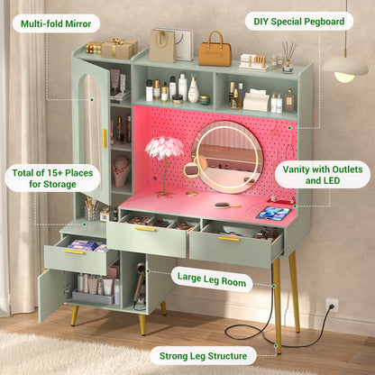 Makeup Vanity with Hutch, LED Lighted Mirror & Charging Station