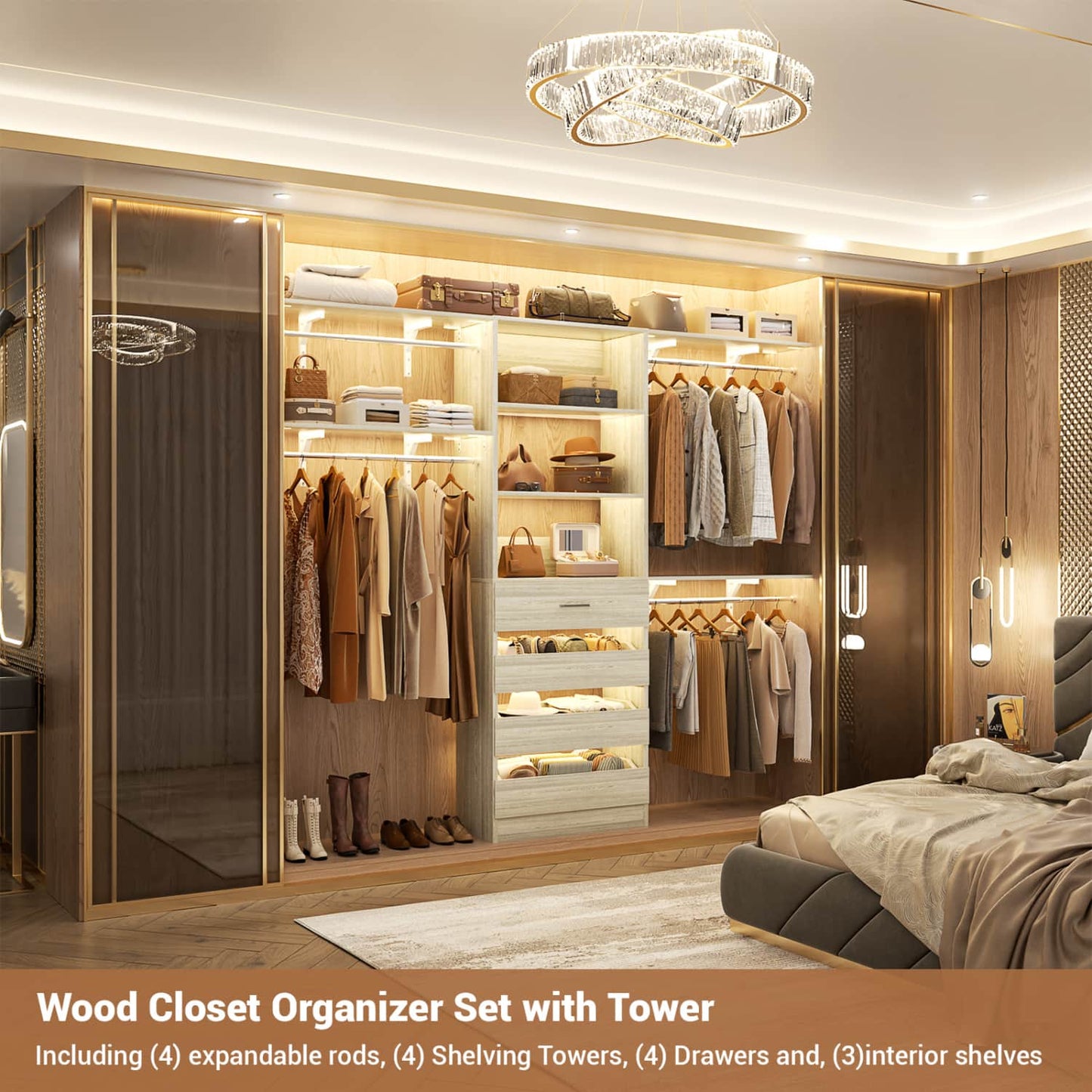 8FT Closet Organizer System with 4 Wooden Drawers & Hanging Rods