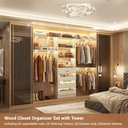 8FT Closet Organizer System with 4 Wooden Drawers & Hanging Rods