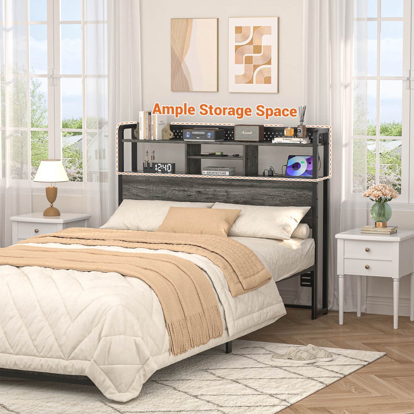 Full Storage Headboard with Led Lights & Charging Station