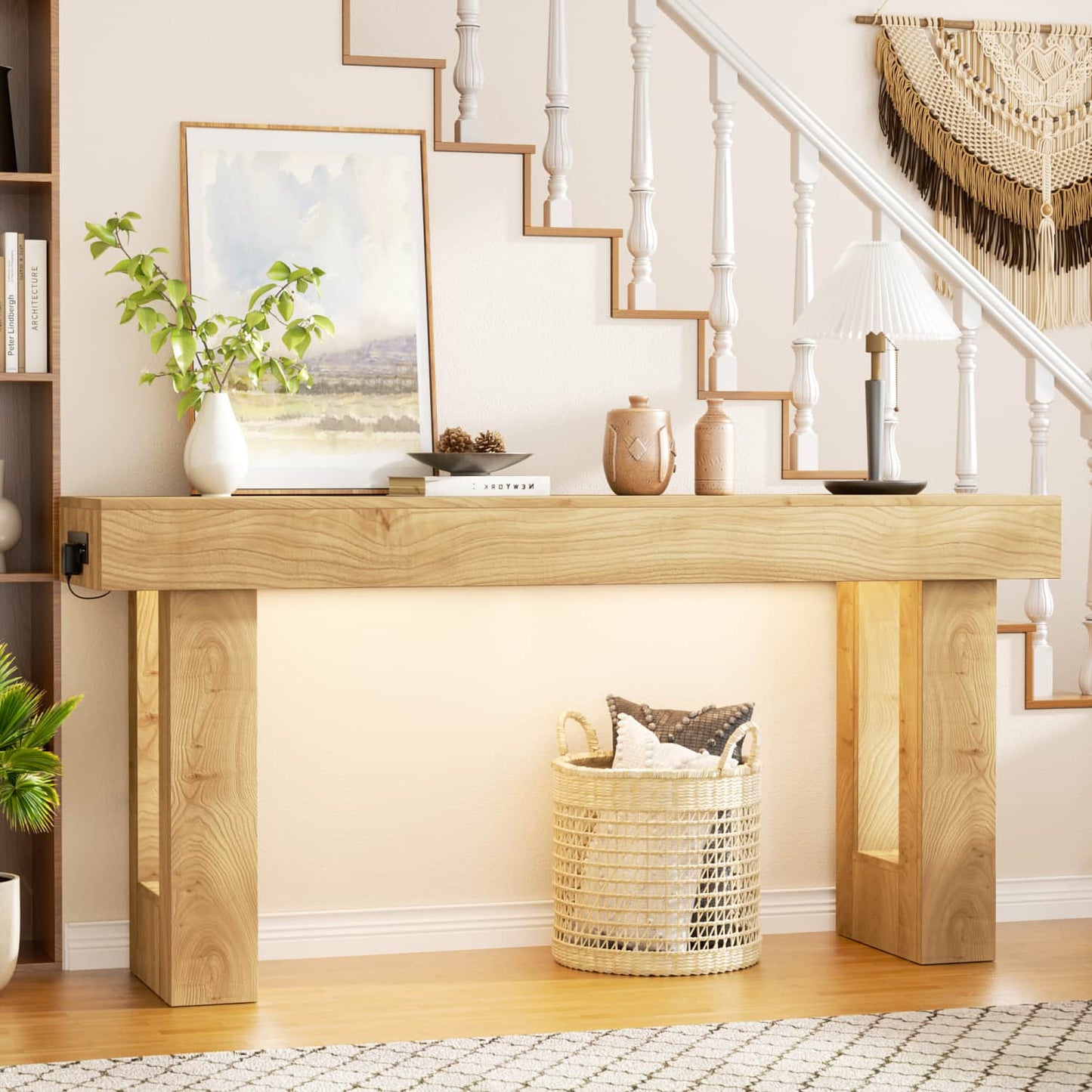63inch Console Table with Power Outlets, Wood Narrow Entryway Table