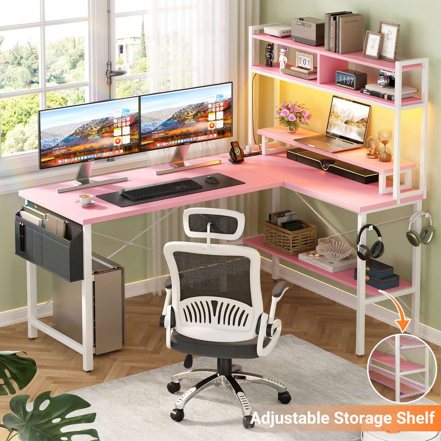 L-Shaped Computer Desk with Monitor and Hutch, Gaming Desk with Charging Station