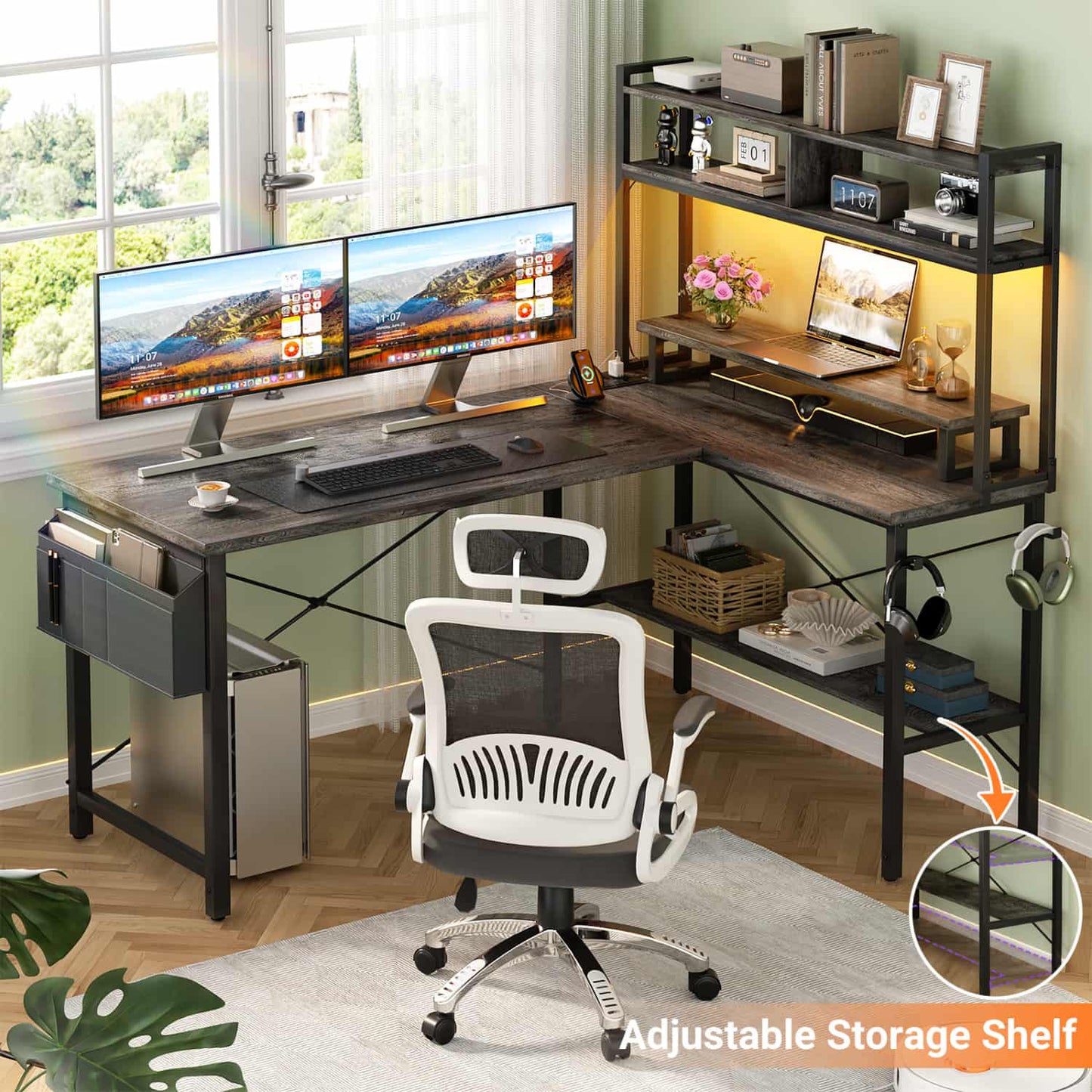 L-Shaped Computer Desk with Monitor and Hutch, Gaming Desk with Charging Station