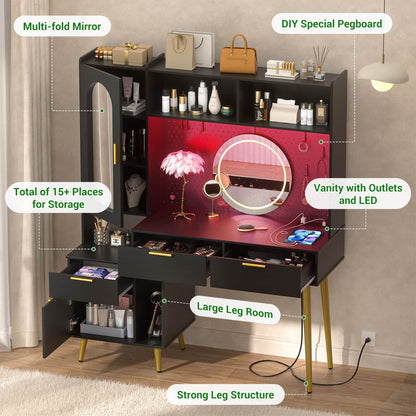 Makeup Vanity with Hutch, LED Lighted Mirror & Charging Station