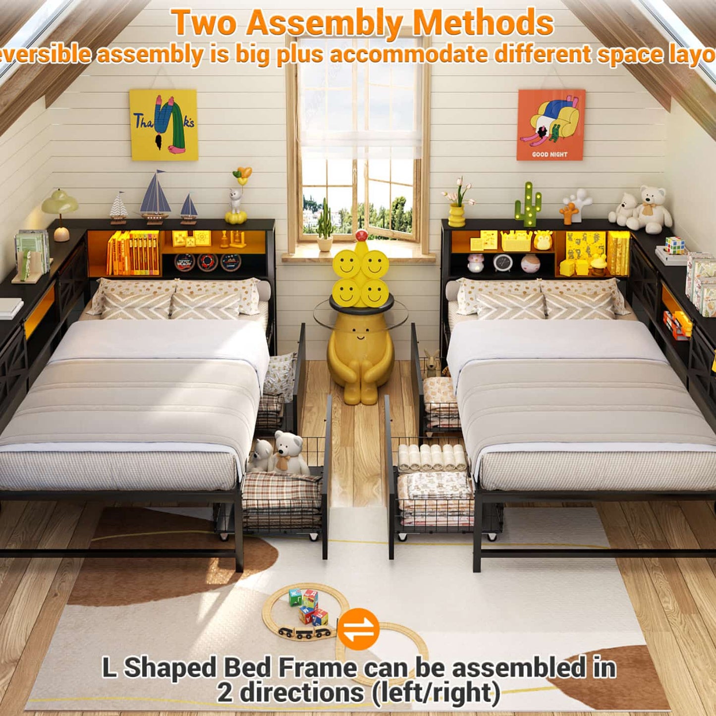Bookcase Daybed with Wood Drawer, Corner Bed Frame with Sliding Door