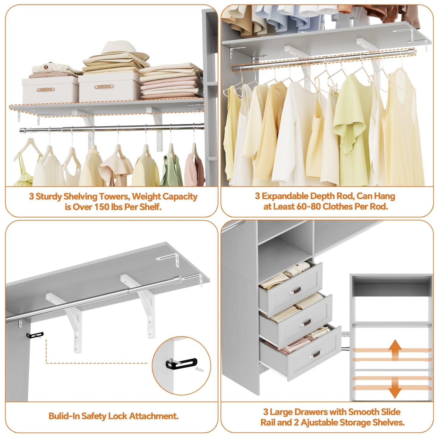 Closet Organizer System with Hanging Rods and Shelves, Wardrobe System with Drawers