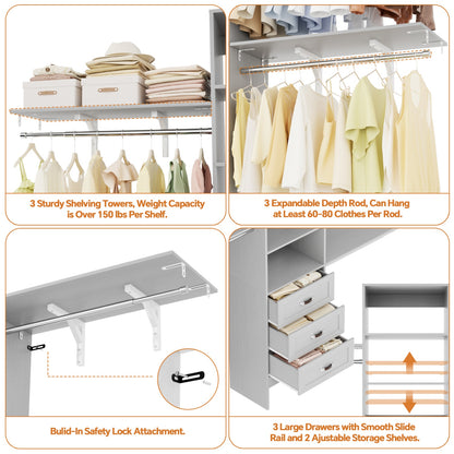Closet Organizer System with Hanging Rods and Shelves, Wardrobe System with Drawers