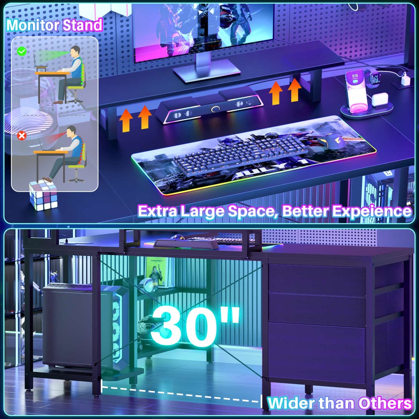 L Shaped Computer Desk with Hutch, Power Outlets, LED Lights & Storage Drawers