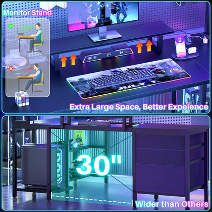 L Shaped Computer Desk with Hutch, Power Outlets, LED Lights & Storage Drawers