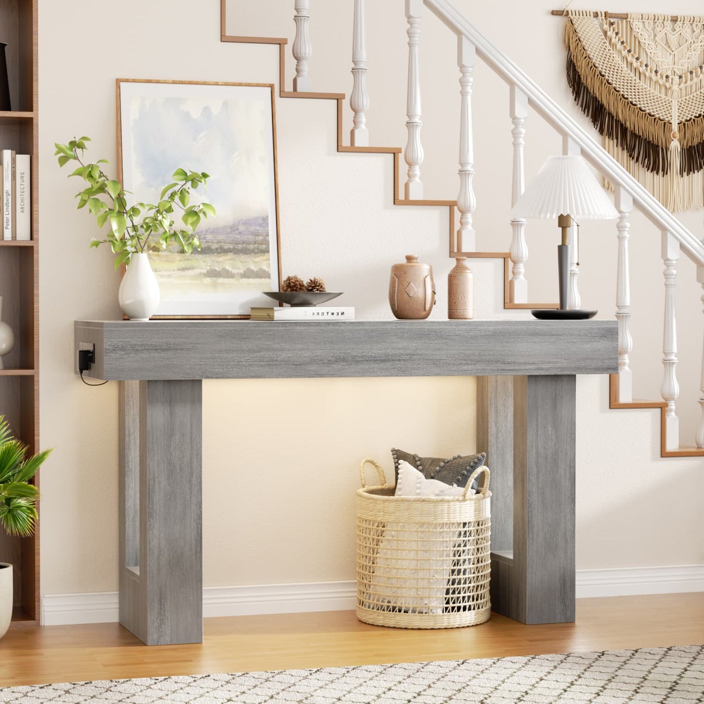 47inch Console Table with Power Outlets, Wood Narrow Entryway Table